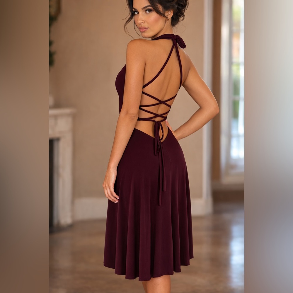 Burgundy Halter Cocktail Dress Open Back Lace-Up A-Line